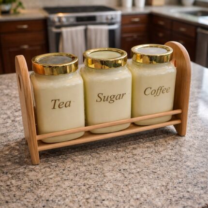 Set 3/1 staklenih tegli za začine na drvenom stalku