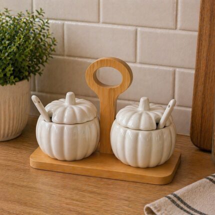 Porculanski set za začin 2/1 na bambus podmetaču sa drškom